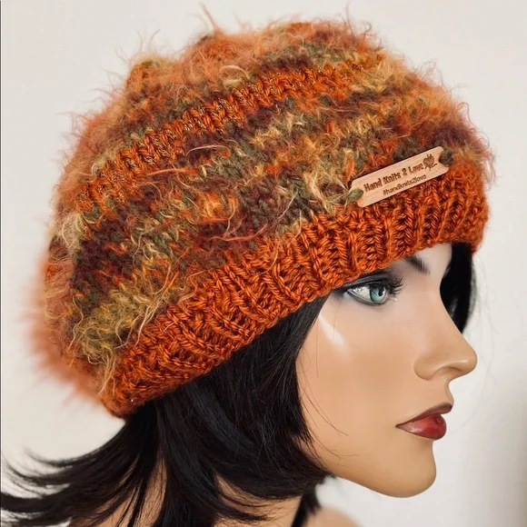 Hand Knits 2 Love Slouch Beanie Hat Cap Faux Fur Pom Pom Rustic Boho Designer Hand Knits 2 Love Beanie Slouch Cap Faux Fur Pom Pom Soft  main image 2